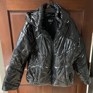 BBJ Los Angeles Women's Shiny Black Puffer Jacket W/ Hood Size L Coat